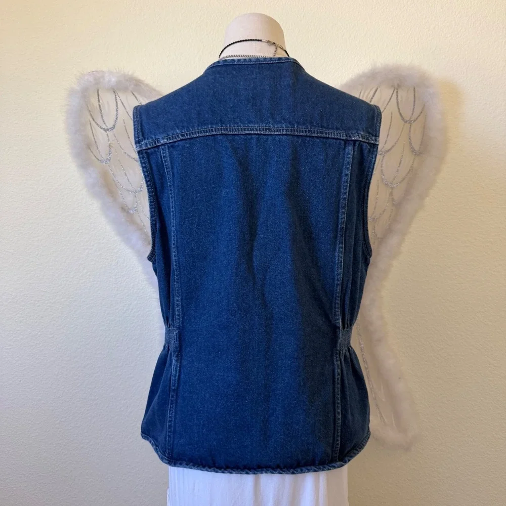 90s Vintage Blue Denim Zip Up Vest Utility Pockets Cotton Safari Y2K V‎ Neck